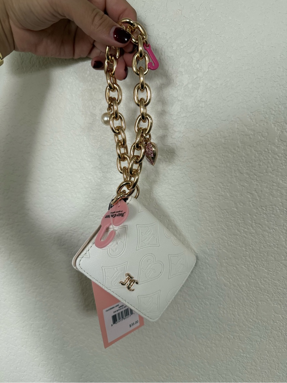 Juicy Couture White Embossed Leather Wallet with Gold Chain and Pink Accents